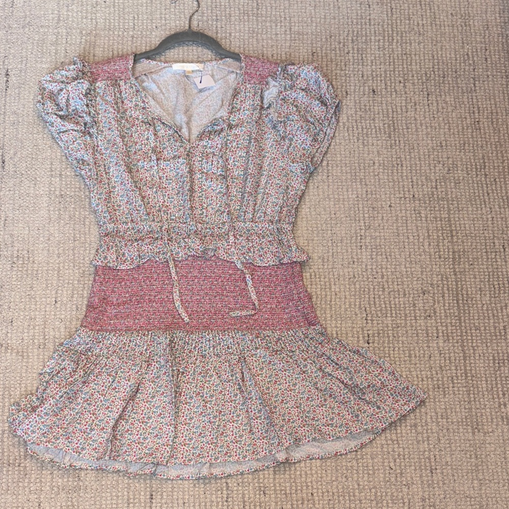 LoveShackFancy Pink Floral Shirred-Waist Cotton Dress
